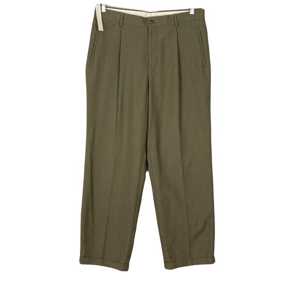 NWT PERRY ELLIS Pants Men 36x32 Brown Linen Blend Pleated Cuffed Straight 4-Pkts